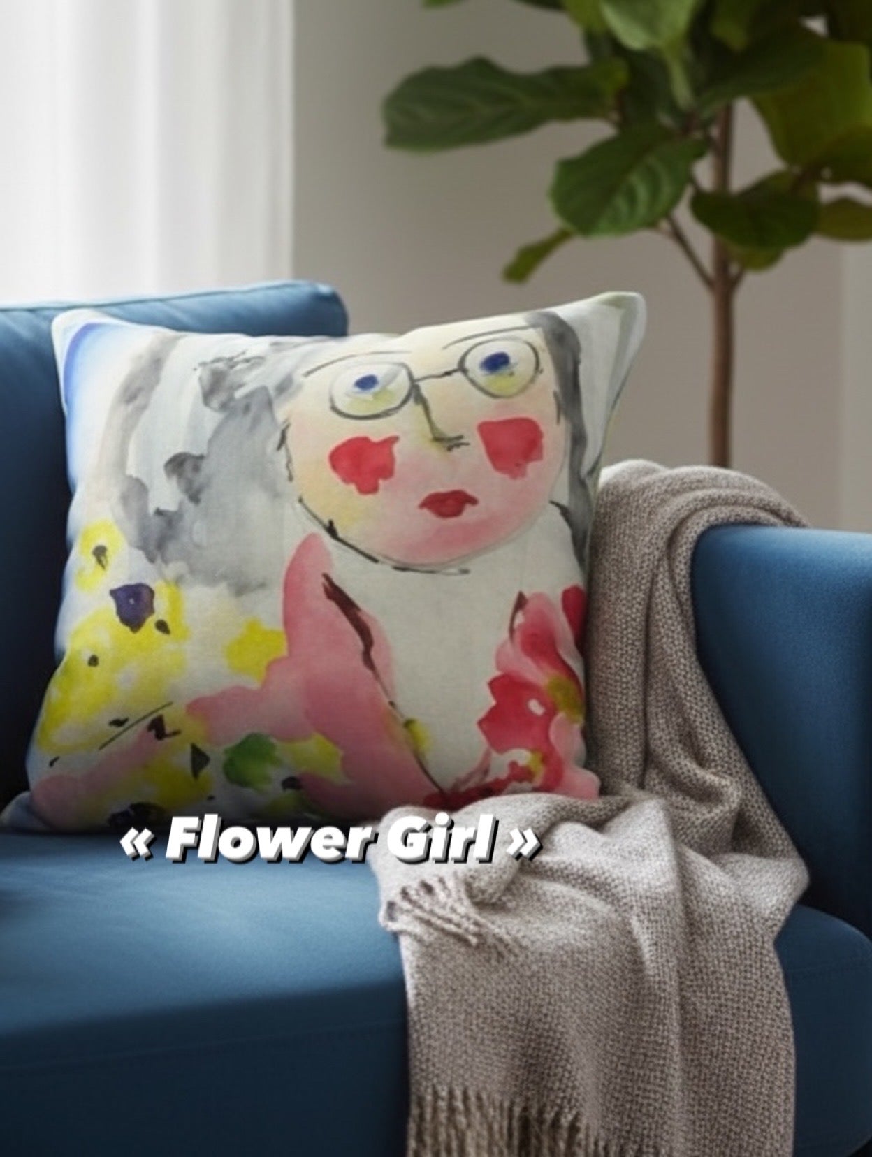 Pillow Cover 18 x 18 inches Organic Cotton / Linen  - Flower Girl - Reversible